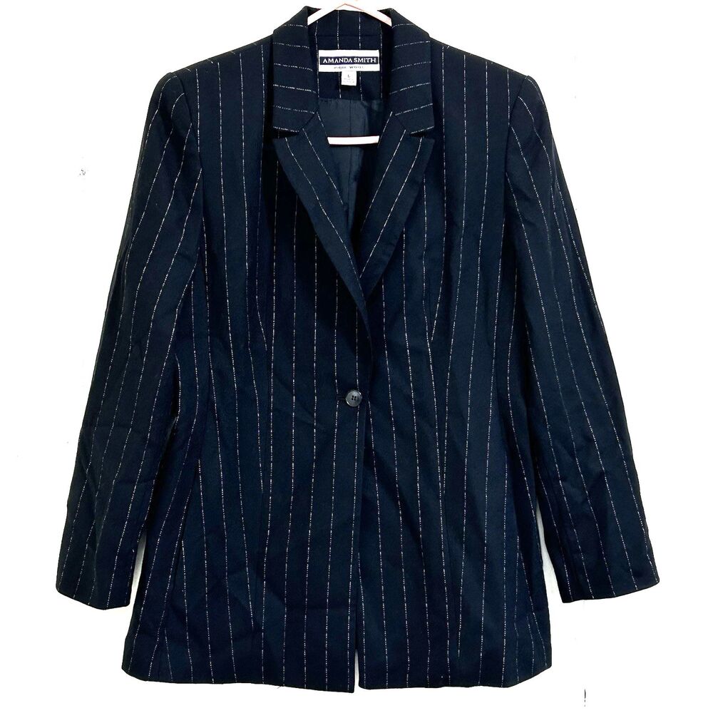 Vintage Amanda Smith Pinstripe Black Blazer Size 8 100% Pure Wool Long Sleeve